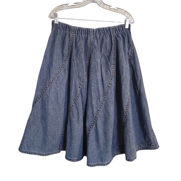 VTG 90s Blue Denim Patch Pull On Full Midi Jean Skirt  *Fits like Medium - Picture 10 of 12
